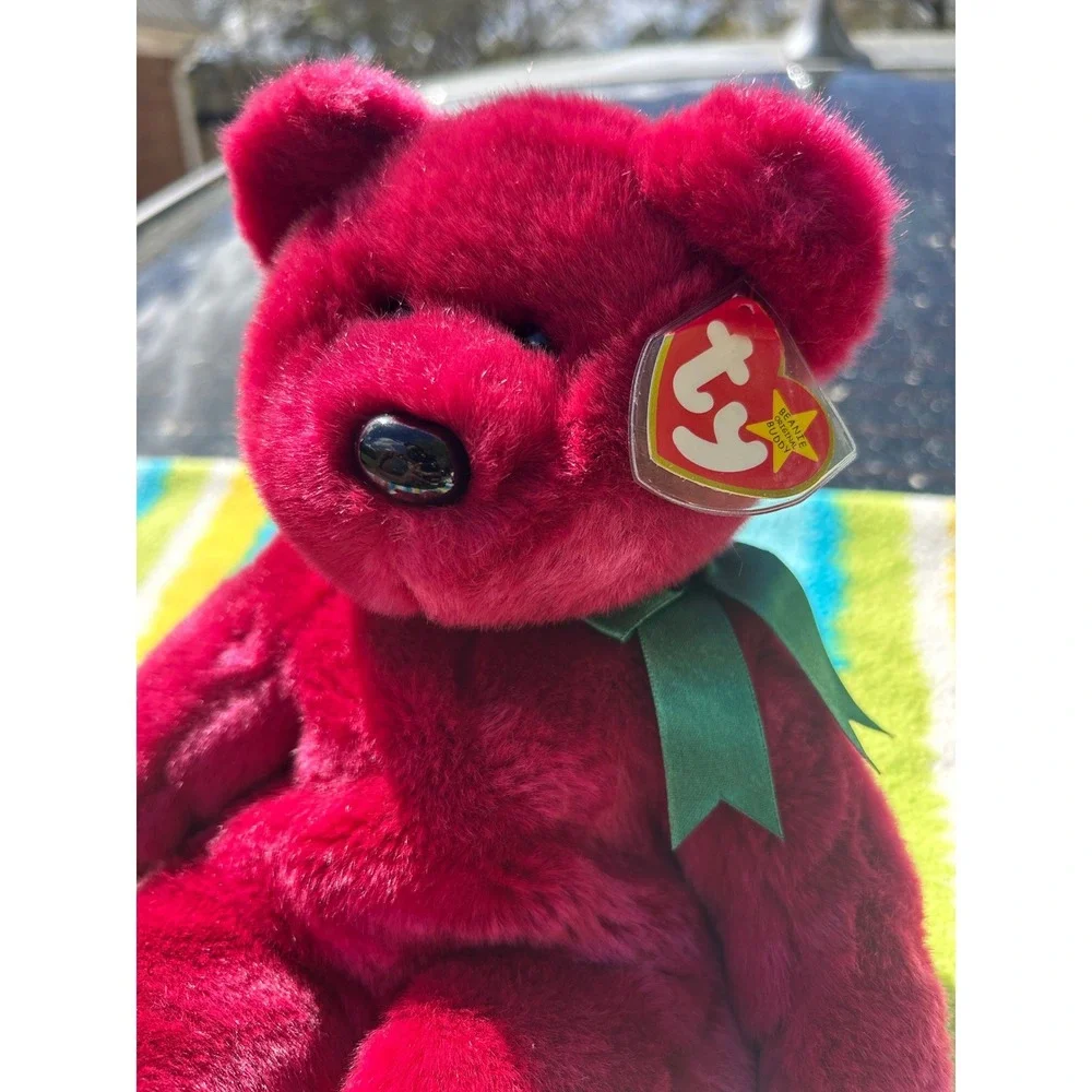 Ty Beanie Buddy Teddy Bear Large Cranberry Red 1998 Excellent Green Ribbon Plush